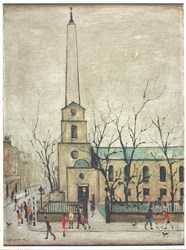 St Luke's Church, London by L.S. Lowry - Offset lithograph printed in colours on wove paper sized 19x25 inches. Available from Whitewall Galleries